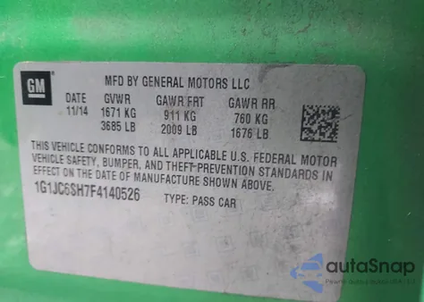 2015 Chevrolet Sonic Lt Auto z USA, uszkodzony, nr VIN 1G1JC6SH7F4140526